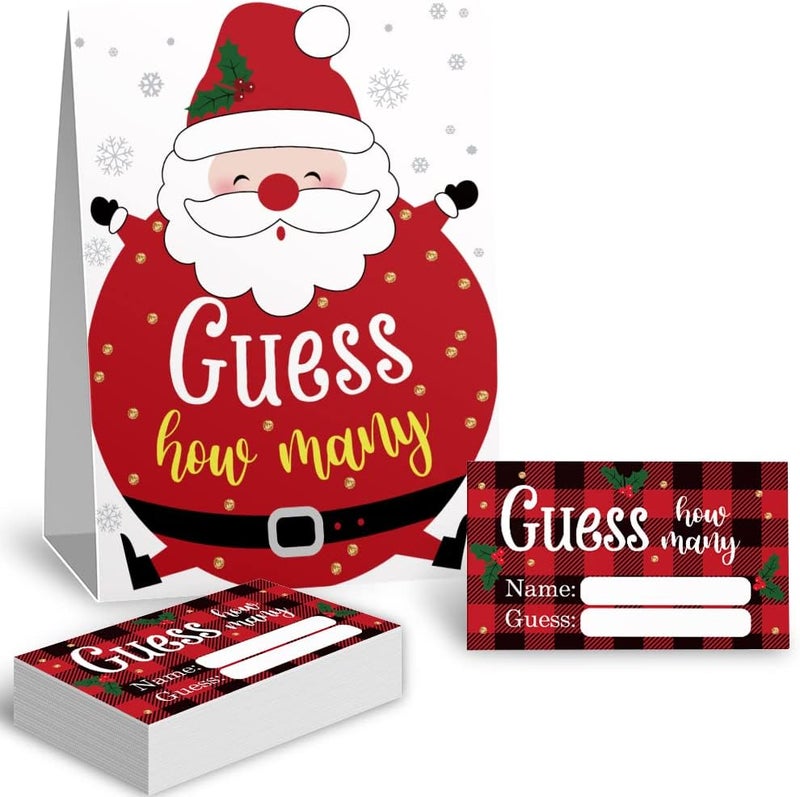 Kadiak Guess How Many Christmas Theme Party Game Cards Kit (1 Standing Sign + 50 Guessing Cards), Funny Circular Santa Claus Theme Party Game Cards Festive Activity Party Raffle Insert Ticket - Image 1